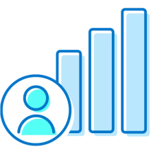 A graphic of a bar chart showing three side-by-side bars that grow in height with a user icon in front of the bars.
