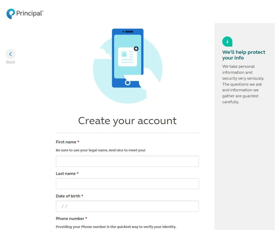 Account setup screen as part of the principal.com/welcome experience. Account setup screen as part of the principal.com/welcome experience.