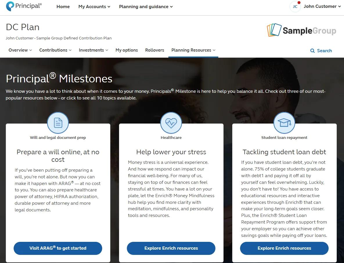 Principal Milestones main landing page, linking to various resources from ARAG and Enrich. Principal Milestones main landing page, linking to various resources from ARAG and Enrich.