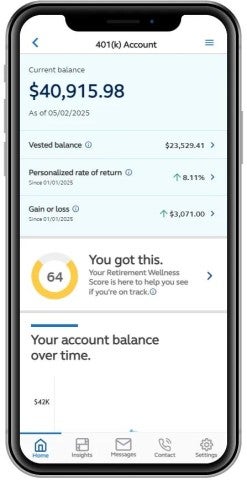 Mobile app view of a participant's 401(k) account Mobile app view of a participant's 401(k) account