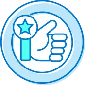 Blue circular icon featuring a hand with a thumbs-up gesture, holding a blue star.