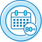 Blue circular icon featuring a calendar highlighting 80+ days.