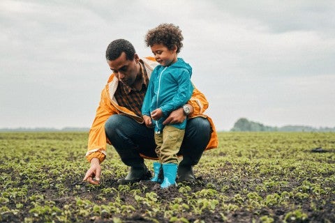 Dad and child outside exploring a field