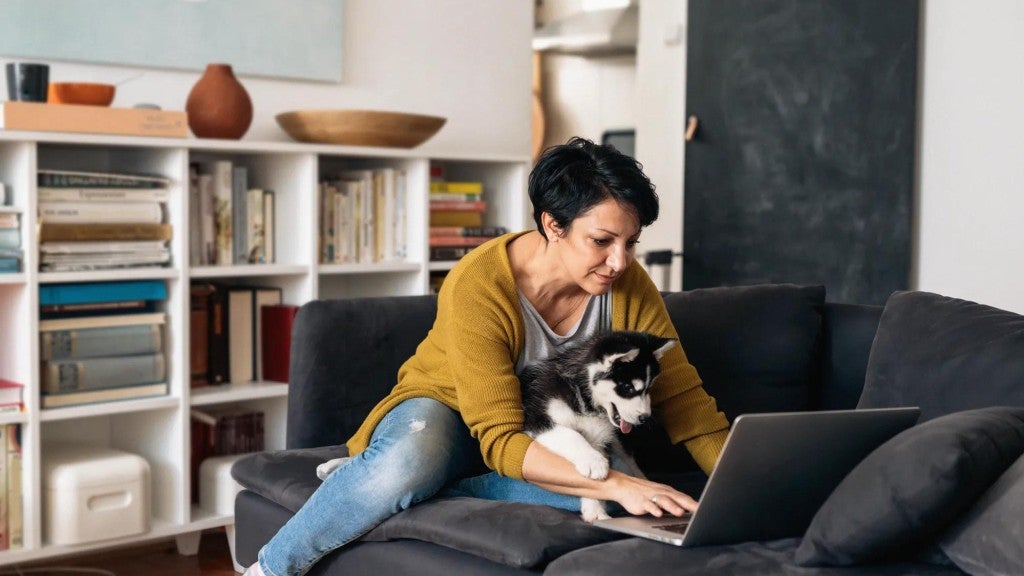 Woman sitting on couch with her puppy looking at budget on a computer