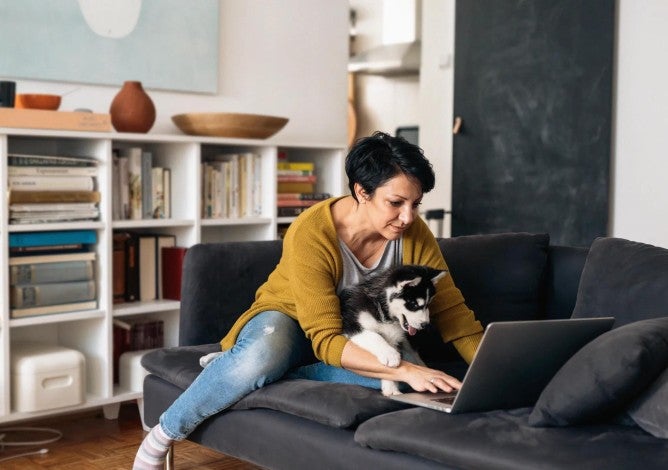 Woman sitting on couch with her puppy looking at budget on a computer